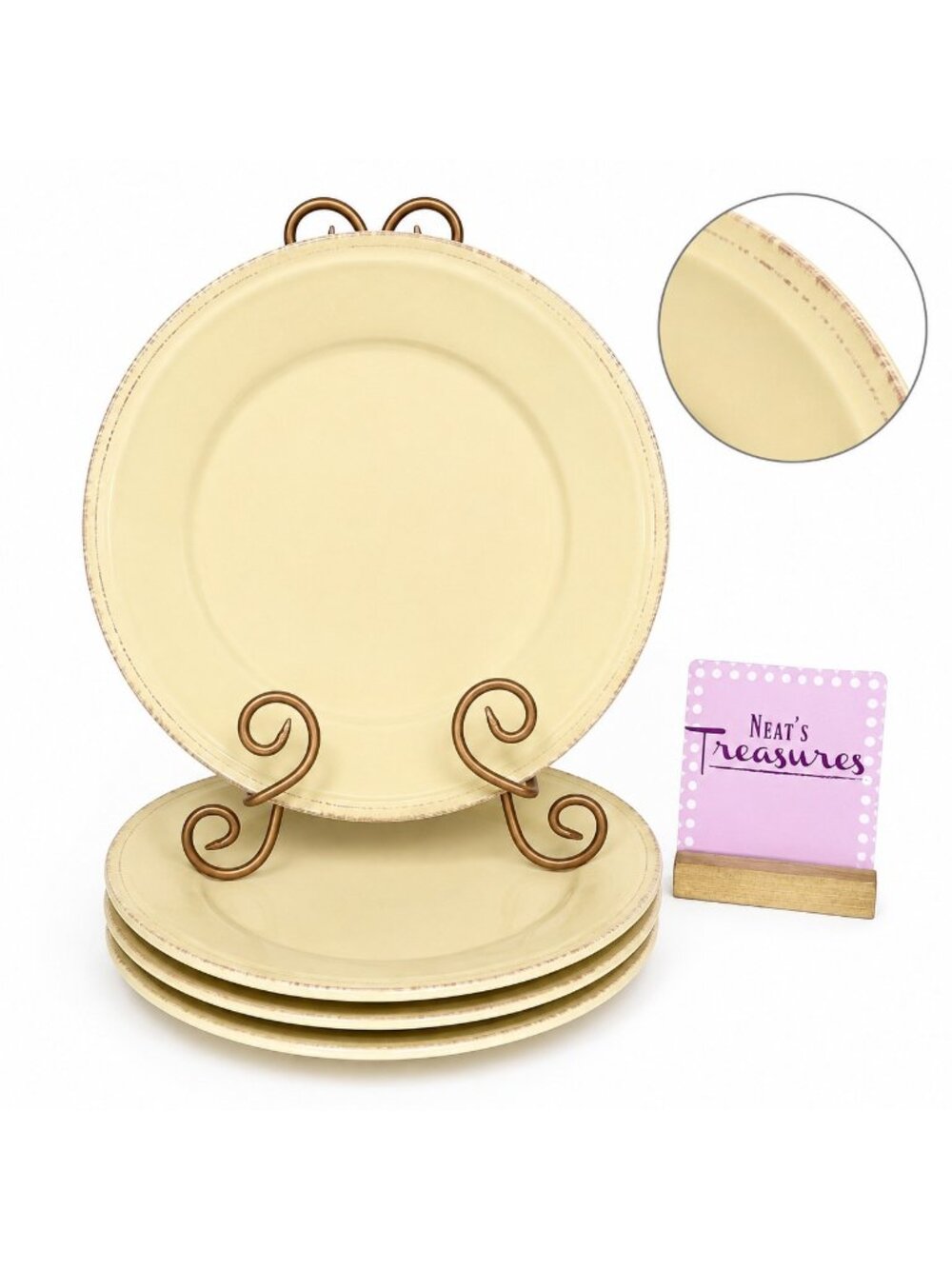 Rachael Ray CUCINA ALMOND CREAM Embossed Edge Rim Stoneware Dinner Plates Set 4